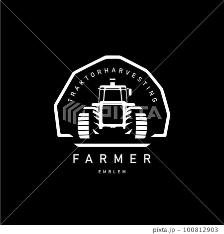 Tractor emblem, farm workhorse sign, agriculture logo, Fieldwork Machinery icon. Vector illustration. Tractor emblem, farm workhorse sign, agriculture logo, Fieldwork Machinery icon. Vector illustration. 100812903