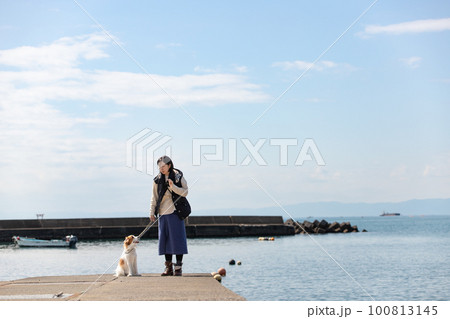 防波堤の上で犬の散歩をする女性 100813145