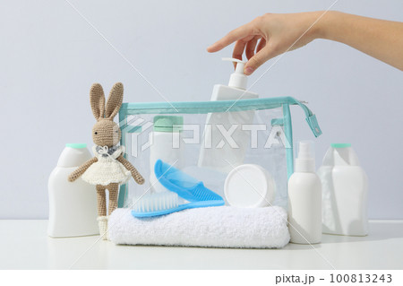 Concept of child bodycare, child cosmetics and bathroom accessories Concept of child bodycare, child cosmetics and bathroom accessories 100813243