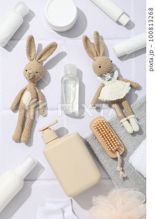 Concept of child bodycare, child cosmetic, top view 100813268