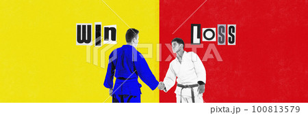 Win and lose. Male martial arts, karate athletes in uniforma shaking hands after competition round. Contemporary art collage. Bright colorful design. 100813579