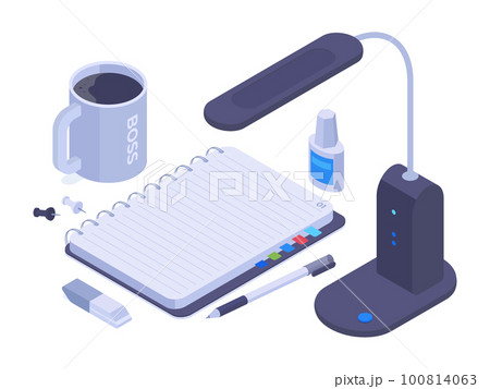 Isometric workspace vector concept. Notebook, stationery, coffee cup, lamp, personal workplace with office equipment 3d vector illustration Isometric workspace vector concept. Notebook, stationery, coffee cup, lamp, personal workplace with office equipment 3d vector illustration 100814063