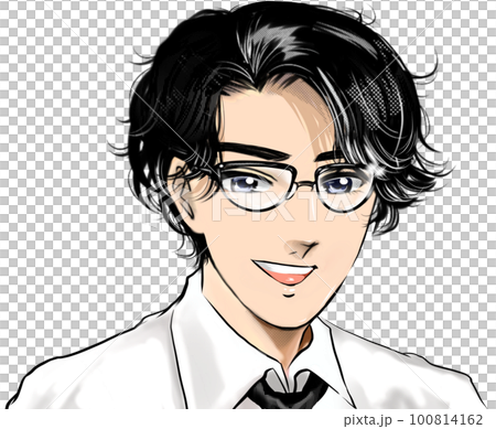 Handsome black hair perm, color cartoon illustration transparent background where a doctor in glasses makes a house call and gives advice with a smile Handsome black hair perm, color cartoon illustration transparent background where a doctor in glasses makes a house call and gives advice with a smile 100814162