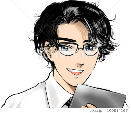 タブレットを片手に笑顔で診察するイケメン眼鏡黒髪医師の漫画イラスト 100814167