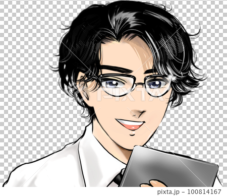 タブレットを片手に笑顔で診察するイケメン眼鏡黒髪医師の漫画イラスト 100814167