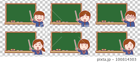 黒板の前で指示棒を持って説明する学生たち 黒板の前で指示棒を持って説明する学生たち 100814303