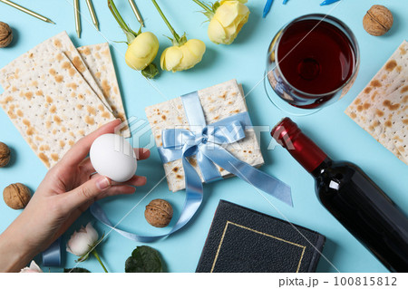 Concept of jewish Passover holiday, top view Concept of jewish Passover holiday, top view 100815812