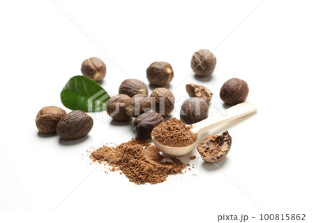 Concept of different spices and condiments, nutmegs Concept of different spices and condiments, nutmegs 100815862