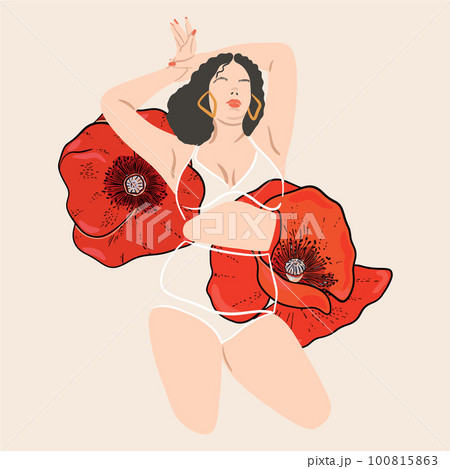 Body positive. Self-love. Love for your body. The woman in her underwear with red poppies flowers. Plus size beautiful lady. Women's solidarity and women's empowerment Body positive. Self-love. Love for your body. The woman in her underwear with red poppies flowers. Plus size beautiful lady. Women's solidarity and women's empowerment 100815863
