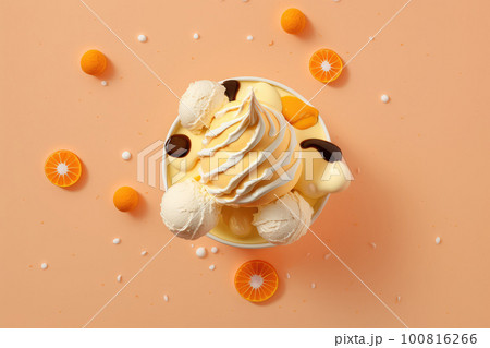Top down view, illustration of an ice cream coupe with oranges on the orange background 100816266