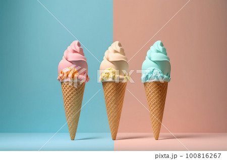 Three colorful ice crem cones on half blue half pink background, illustration Three colorful ice crem cones on half blue half pink background, illustration 100816267
