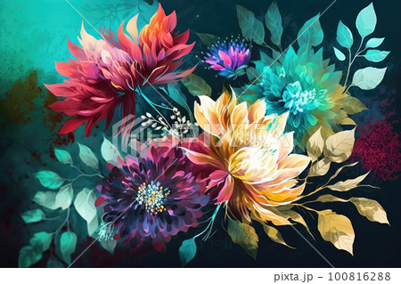 Vibrant neon flowers watercolor illustration on dark background 100816288