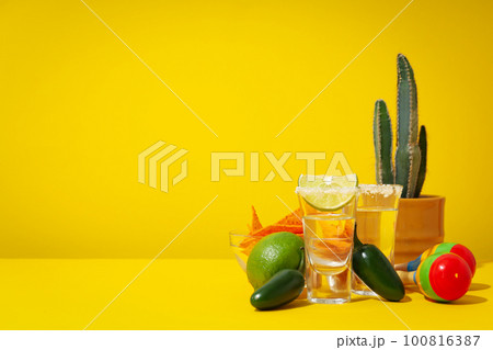 Concept of Mexico food, Tortilla and tequila, space for text Concept of Mexico food, Tortilla and tequila, space for text 100816387