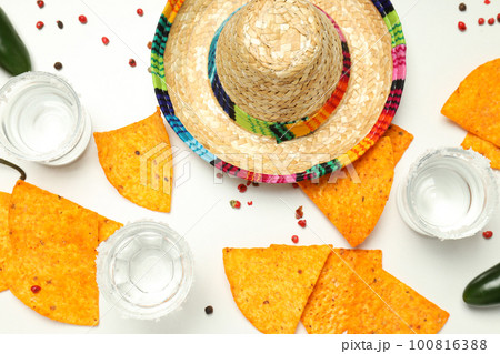 Concept of Mexico food, Tortilla and tequila, top view Concept of Mexico food, Tortilla and tequila, top view 100816388