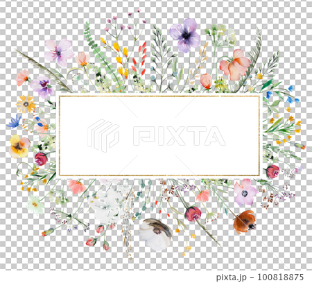 Frame with of watercolor wild flowers and leaves, summer wedding and greeting illustration Frame with of watercolor wild flowers and leaves, summer wedding and greeting illustration 100818875
