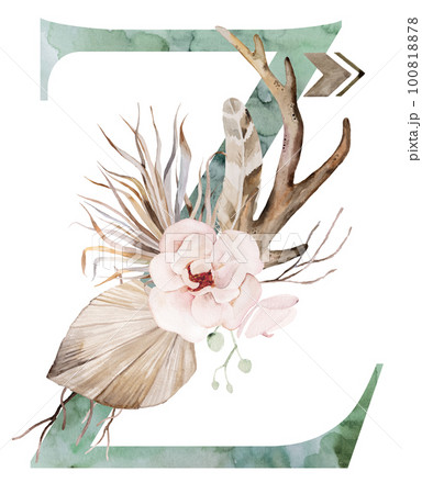 Watercolor green letter Z with antlers, dried leaves and tropical flowers bouquet, Boho illustration 100818878