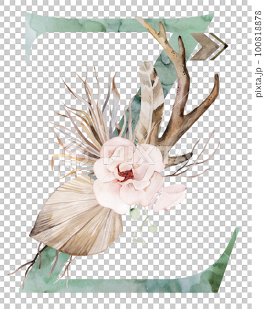Watercolor green letter Z with antlers, dried leaves and tropical flowers bouquet, Boho illustration 100818878