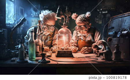 A very old couple of scientists tries to fathom the riddle of life and eternal youth in a cluttered laboratory, made with generative ai 100819178