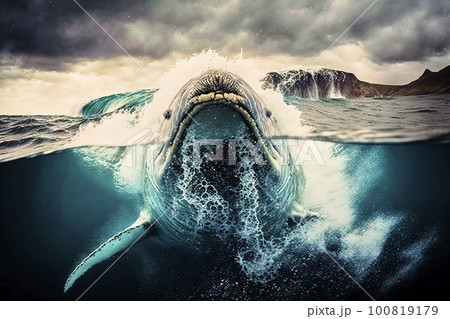 Frontal view of an old warty wrinkled great blue whale swimming through the cold northern sea, made with generative ai 100819179