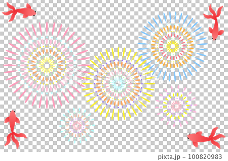 金魚と打ち上げ花火のベクターイラスト。夏をイメージした素材。 金魚と打ち上げ花火のベクターイラスト。夏をイメージした素材。 100820983