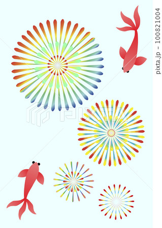 夏の花火と金魚と打ち上げ花火のベクターイラスト 100821004