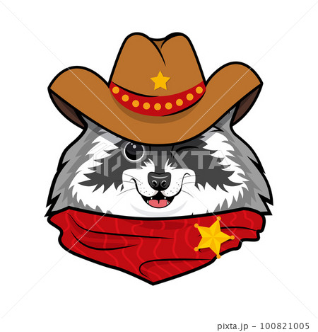 Cute smiling face of cowboy sheriff raccoon. Flat vector illustration 100821005
