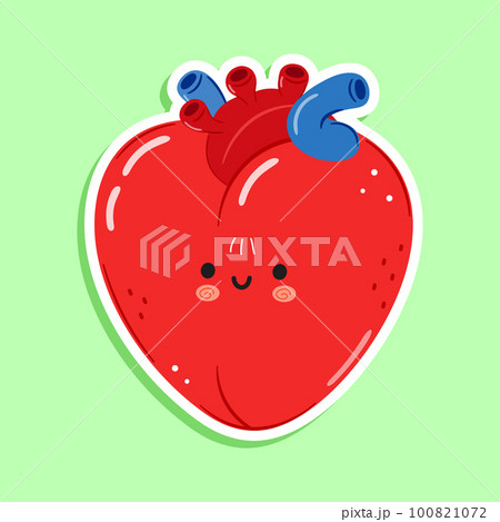 Cute funny sticker heart organ character. Vector hand drawn cartoon kawaii character illustration icon. Isolated on white background. Heart organ character concept 100821072