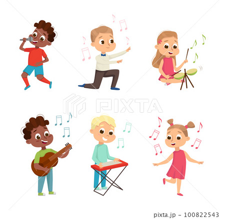 Funny Boy and Girl Playing Musical Instrument, Dancing and Singing Vector Set Funny Boy and Girl Playing Musical Instrument, Dancing and Singing Vector Set 100822543