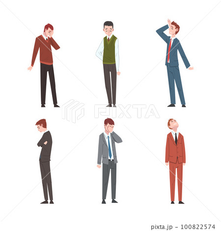 Sad and Frustrated Business Man Character or Unhappy Office Worker Standing with Hang Head Vector Set 100822574