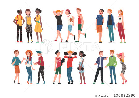 Happy Teenagers Friends Talking Standing Together Vector Set 100822590