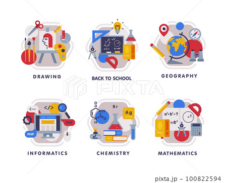 School Education Composition with Text Caption and Educational Objects Vector Set 100822594