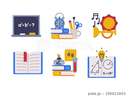 School Education Object with Chalkboard, Book, Musical Instrument and Copybook Vector Set School Education Object with Chalkboard, Book, Musical Instrument and Copybook Vector Set 100822603