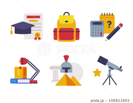 School Education Object with Graduation Hat, Backpack, Calculator, History Supply and Telescope Vector Set School Education Object with Graduation Hat, Backpack, Calculator, History Supply and Telescope Vector Set 100822605