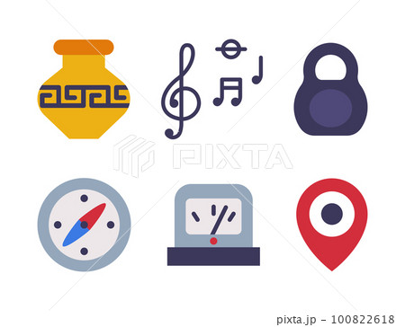 School Education Object with Greek Vase, Kettlebell, Music Note, Compass and Navigation Point Vector Set 100822618
