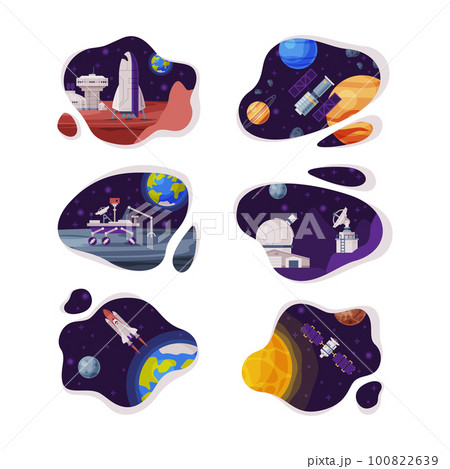 Solar System Planet with Lunar Rover and Flying Satellite Vector Set 100822639
