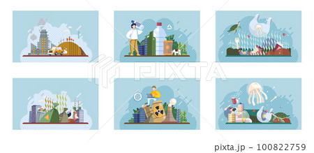 Heaps of waste, stray dogs waste pollution cityscape cartoon backdrop. Environment pollution problem Heaps of waste, stray dogs waste pollution cityscape cartoon backdrop. Environment pollution problem 100822759