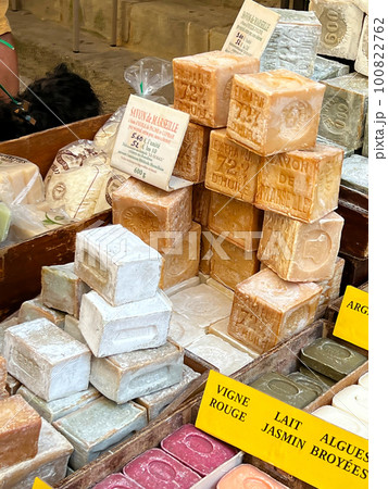 Uzes, Gard, France 08 06 2022, Vertical closeup on a pile of artisanal Marseille soap blocks for sale Uzes, Gard, France 08 06 2022, Vertical closeup on a pile of artisanal Marseille soap blocks for sale 100822762