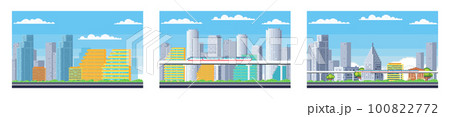 Pixel art cityscape. Town street 8 bit city landscape. Pixelated scene 100822772