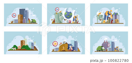 Heaps of waste, stray dogs waste pollution cityscape cartoon backdrop. Environment pollution problem Heaps of waste, stray dogs waste pollution cityscape cartoon backdrop. Environment pollution problem 100822780