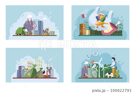 Heaps of waste, stray dogs waste pollution cityscape cartoon backdrop. Environment pollution problem 100822791