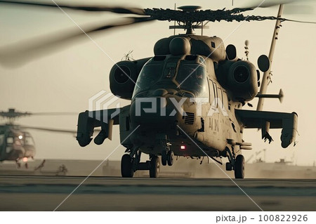 Military helicopter on warship board in the sea. Navy helicopter on board the aircraft carrier. Created with Generative AI Military helicopter on warship board in the sea. Navy helicopter on board the aircraft carrier. Created with Generative AI 100822926