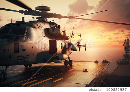Military helicopter on warship board at sunset. Navy helicopter on board the aircraft carrier in the sea. Created with Generative AI 100822927