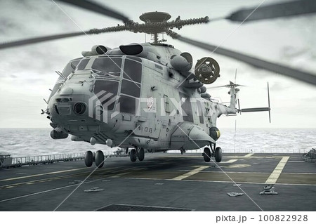 Military helicopter on warship board in the sea. Navy helicopter on board the aircraft carrier. Created with Generative AI Military helicopter on warship board in the sea. Navy helicopter on board the aircraft carrier. Created with Generative AI 100822928
