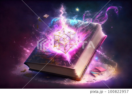 Magical book with glowing lights over pages on abstract background. Fantasy reading. Created with Generative AI 100822957