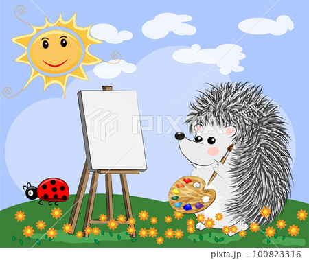 Artist paints a picture of landscape in the nature. Plein Air. illustration in a flat style 100823316