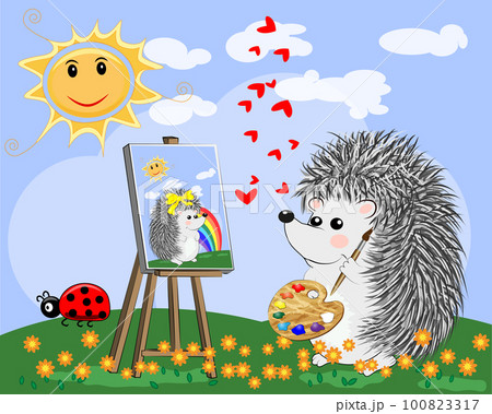 Artist paints a picture of landscape in the nature. Plein Air. illustration in a flat style 100823317