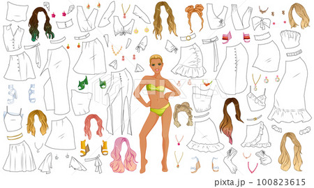 Flower Power Coloring Page Paper Doll with Clothes, Hairstyles, Shoes and Accessories. Vector Illustration 100823615