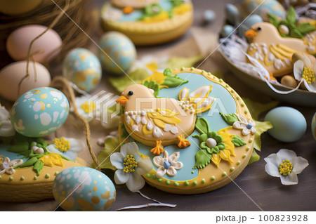 Delicious and Colorful Easter Cookies with Chicks, Easter Eggs and Flower Designs Artfully Displayed on a Table for a Festive Holiday Celebration 100823928