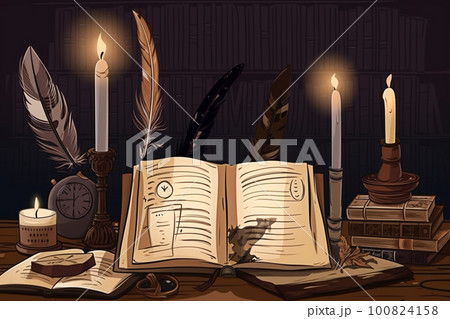 Creative modern illustration about divination banner with copy space, cards, candles, old books, feather. Generative AI 100824158