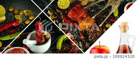 Spices and vegetable in a beautiful collage. Wide photo. 100824320